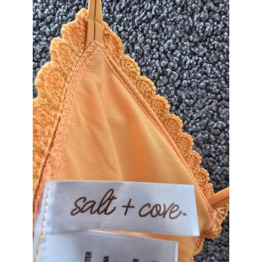 Salt + Cove Crochet Halter Triangle Bikini Juniors' L Tangerine Zing Back Tie